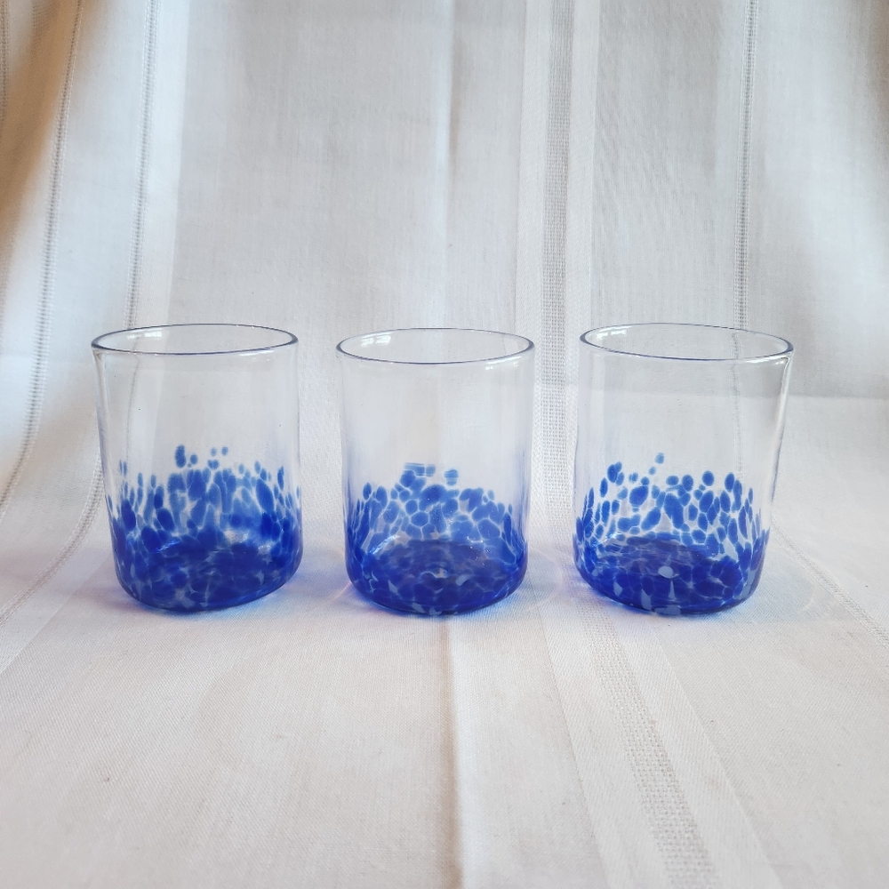 Set of 3 Signed Handblown Glass Tumblers – Clear w/ Cobalt Blue Speckled Bottoms